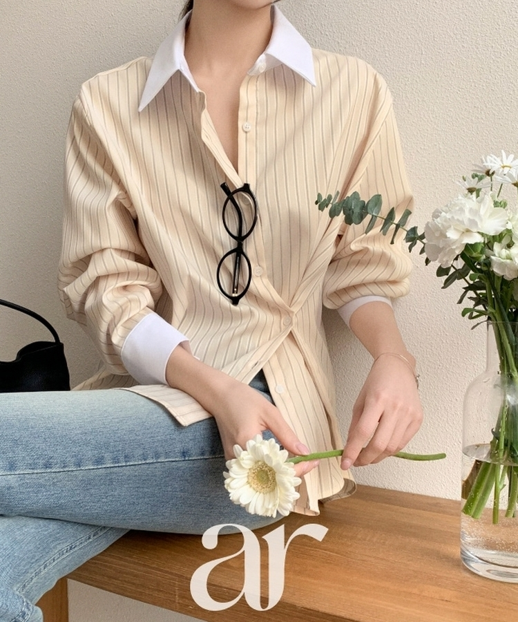 （MADE／2WAYフィット／通勤スタイルに◎）ストライプ 2WAYボタン 配色カラーシャツ BUTTER CREAM