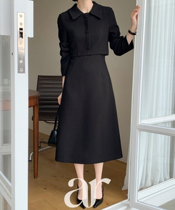 （MADE／プレミアム／ツーピース風デザイン／フォーマルスタイル）ツイードカラー ツーピース風 ロングワンピース BLACK