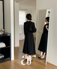 （MADE／プレミアム／ツーピース風デザイン／フォーマルスタイル）ツイードカラー ツーピース風 ロングワンピース BLACK