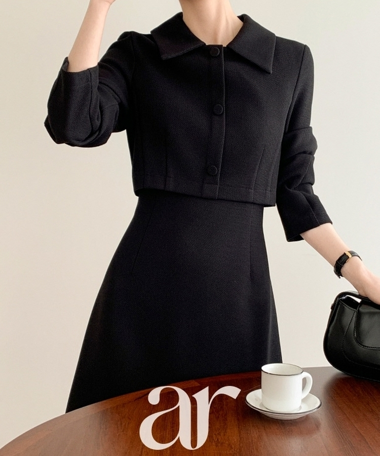 （MADE／プレミアム／ツーピース風デザイン／フォーマルスタイル）ツイードカラー ツーピース風 ロングワンピース BLACK