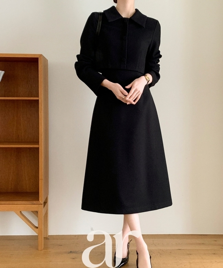 （MADE／プレミアム／ツーピース風デザイン／フォーマルスタイル）ツイードカラー ツーピース風 ロングワンピース BLACK