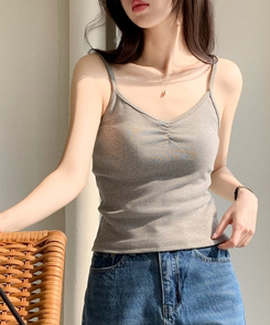 (単品でもOK／デイリーインナー／華奢シャーリング)   Vネック シャーリング スリーブレス キャミソール   GRAY