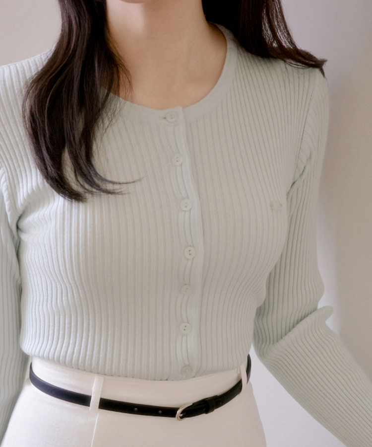(MADE / Easy Washable / 2 Neck Types / Soft & Stretchy) Mother-of-Pearl Pendant Ribbed Knit Cardigan SKY MINT