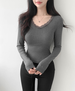 レースVネックTシャツ CHARCOAL
