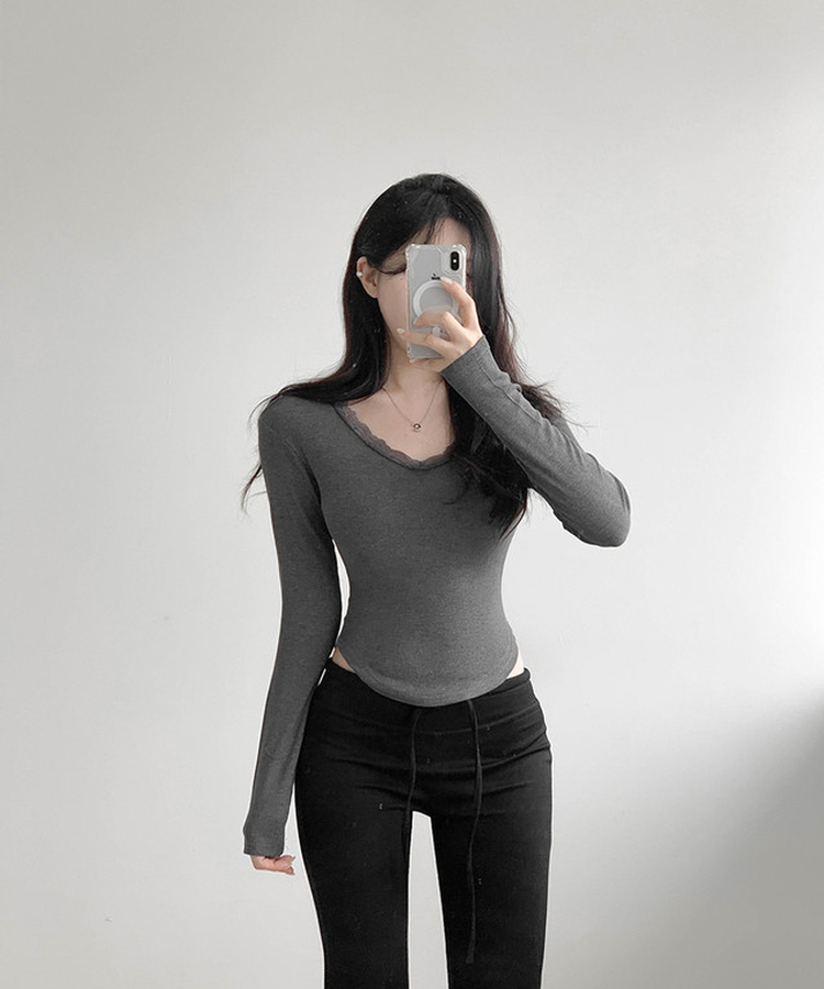 レースVネックTシャツ CHARCOAL