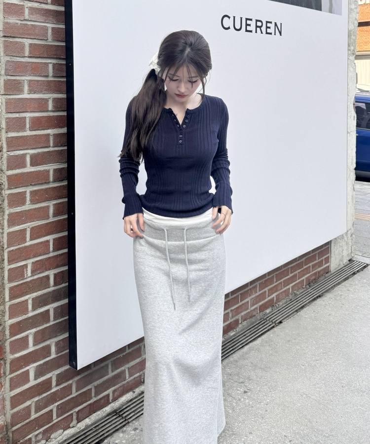 허리 배색 레이어드 스웻 맥시 스커트 그레이