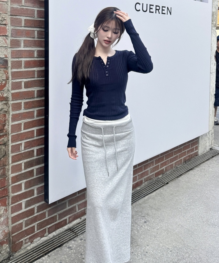 허리 배색 레이어드 스웻 맥시 스커트 그레이