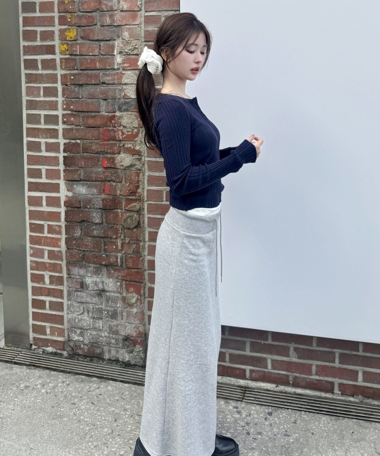 허리 배색 레이어드 스웻 맥시 스커트 그레이