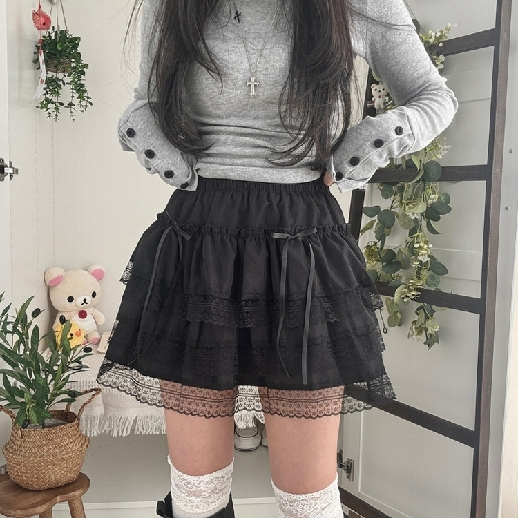 リボンティアードミニスカート BLACK