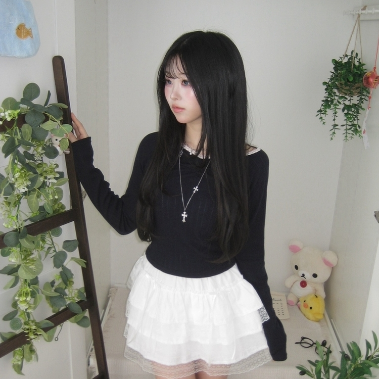 レースシアリング長袖Tシャツ NAVY