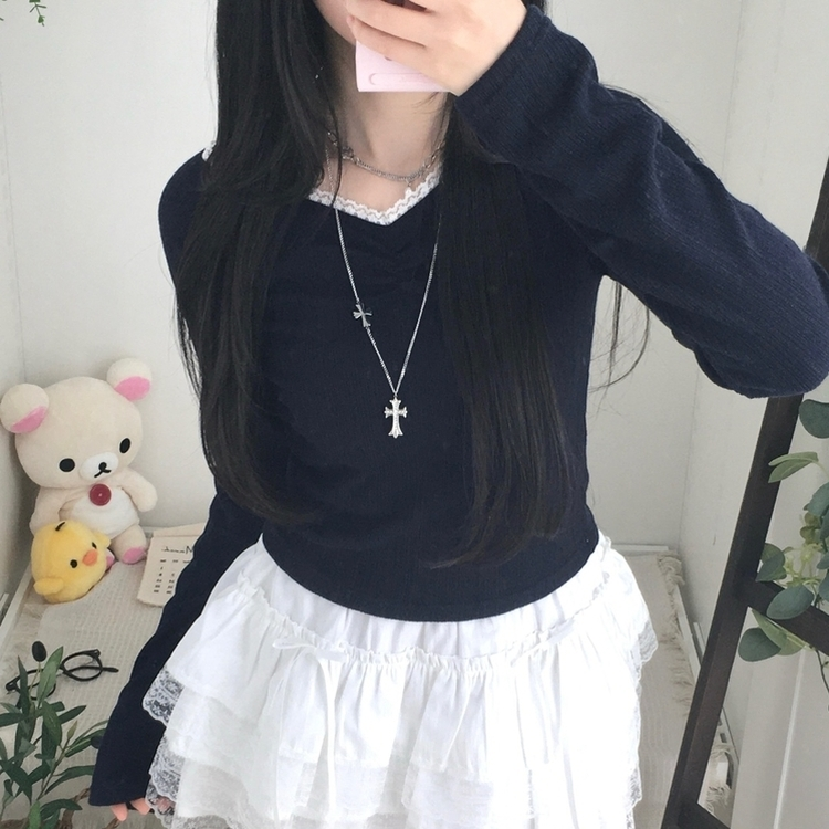 レースシアリング長袖Tシャツ NAVY