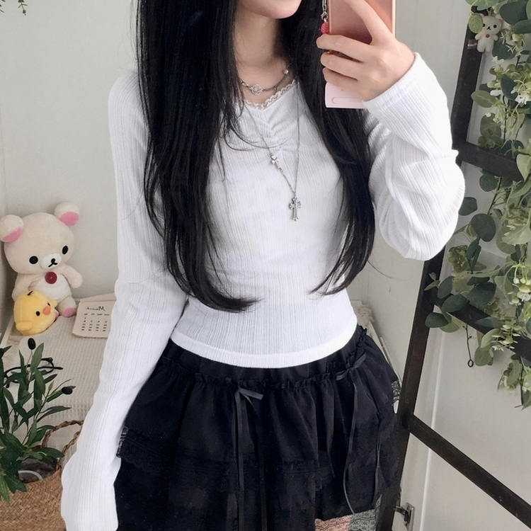 レースシアリング長袖Tシャツ WHITE