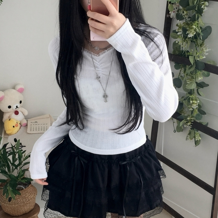 レースシアリング長袖Tシャツ WHITE