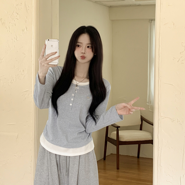 레이어드 펜던트 허리셔링 헨리넥 버튼 배색 레이어드 라운드넥 긴팔티셔츠 소라