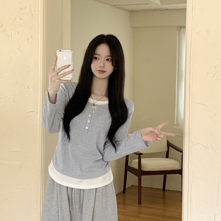 레이어드 펜던트 허리셔링 헨리넥 버튼 배색 레이어드 라운드넥 긴팔티셔츠 소라