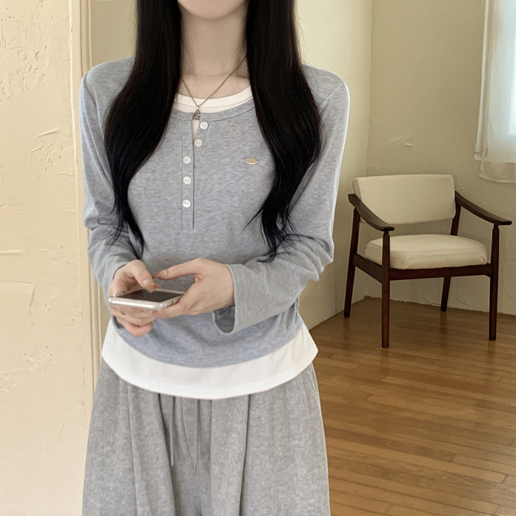 레이어드 펜던트 허리셔링 헨리넥 버튼 배색 레이어드 라운드넥 긴팔티셔츠 소라
