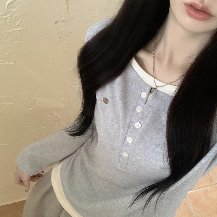 레이어드 펜던트 허리셔링 헨리넥 버튼 배색 레이어드 라운드넥 긴팔티셔츠 소라