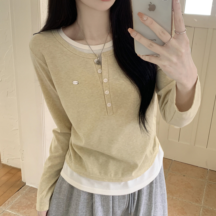 레이어드 펜던트 허리셔링 헨리넥 버튼 배색 레이어드 라운드넥 긴팔티셔츠 옐로우