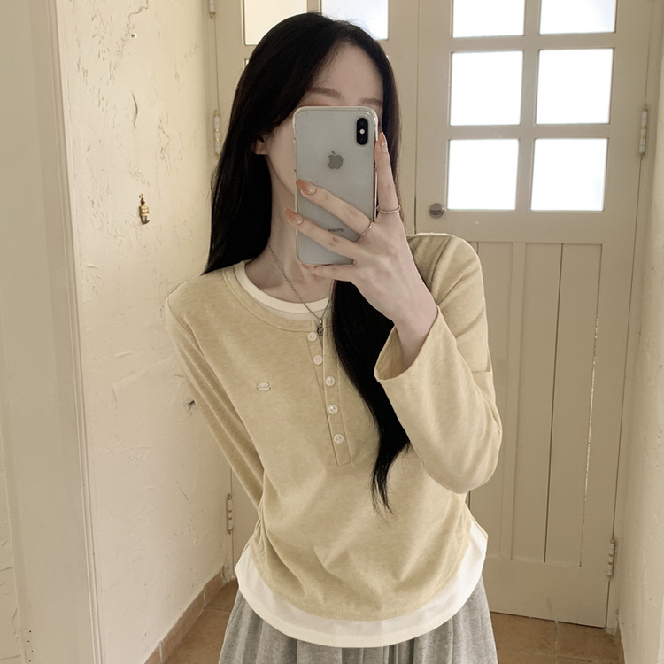 레이어드 펜던트 허리셔링 헨리넥 버튼 배색 레이어드 라운드넥 긴팔티셔츠 옐로우