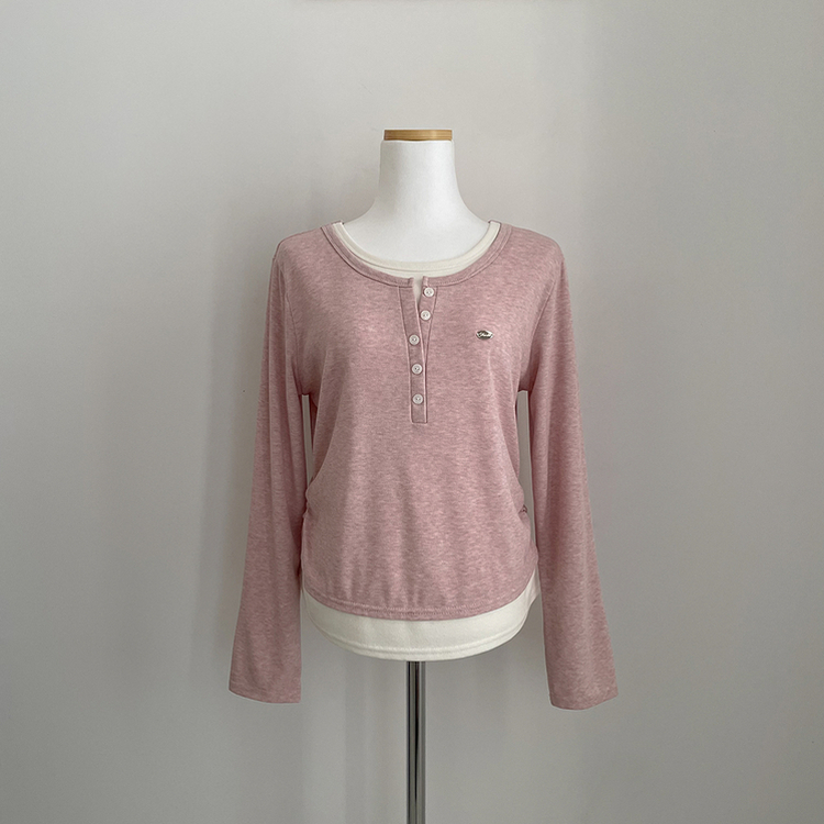 레이어드 펜던트 허리셔링 헨리넥 버튼 배색 레이어드 라운드넥 긴팔티셔츠