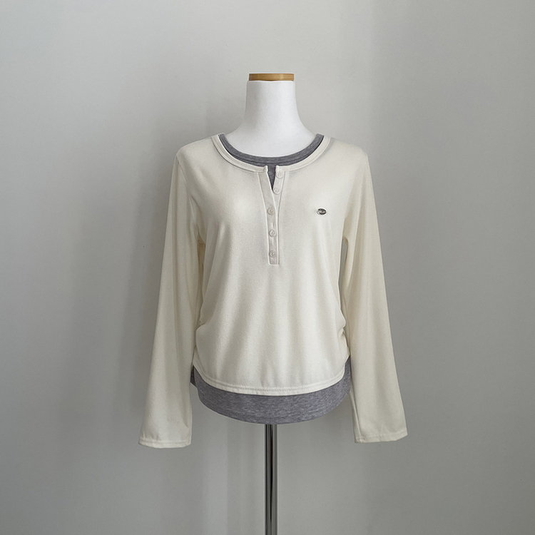 레이어드 펜던트 허리셔링 헨리넥 버튼 배색 레이어드 라운드넥 긴팔티셔츠