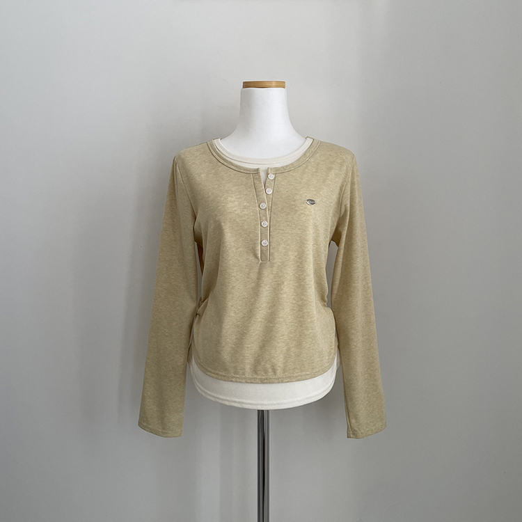 레이어드 펜던트 허리셔링 헨리넥 버튼 배색 레이어드 라운드넥 긴팔티셔츠