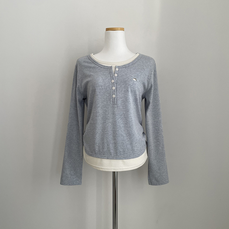 레이어드 펜던트 허리셔링 헨리넥 버튼 배색 레이어드 라운드넥 긴팔티셔츠