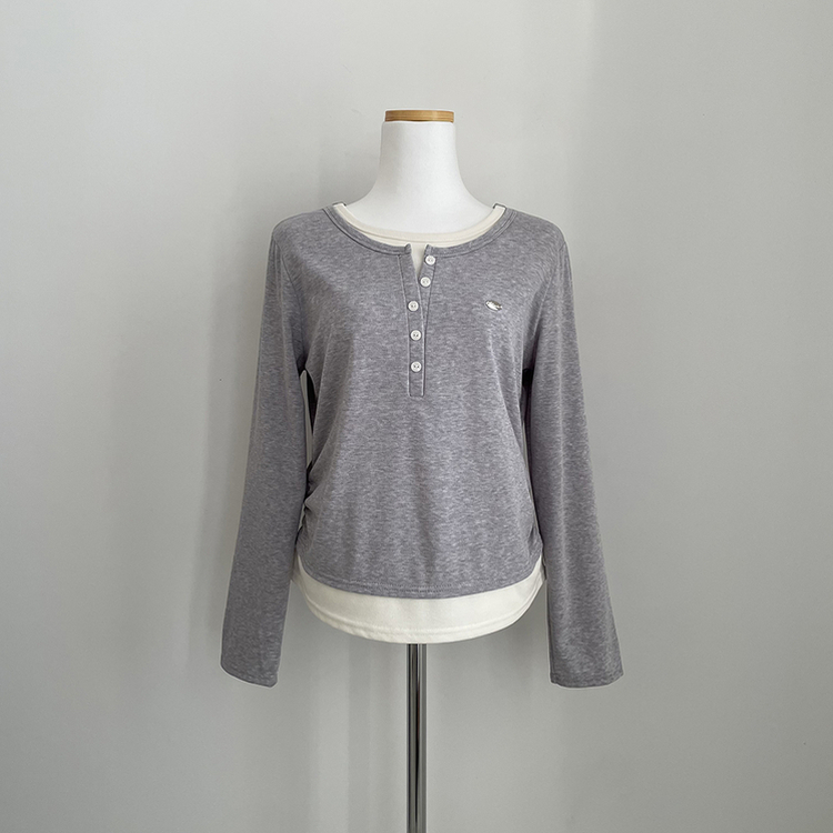 레이어드 펜던트 허리셔링 헨리넥 버튼 배색 레이어드 라운드넥 긴팔티셔츠