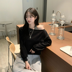 【SET】ボーダーキャミソールオフショルダースウェット BLACK