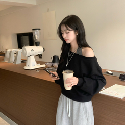 【SET】ボーダーキャミソールオフショルダースウェット BLACK