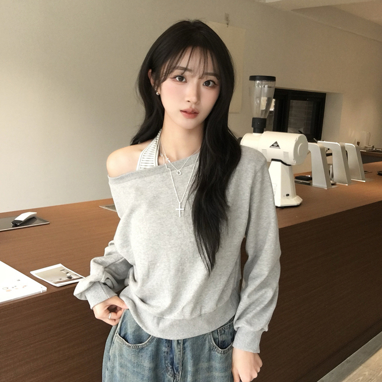 제이미 오프숄더 홀터 나시 맨투맨 세트 스트라이프 홀터넥 나시 긴팔티 오버핏 봄 레이어드 보트넥 상의 3color 그레이