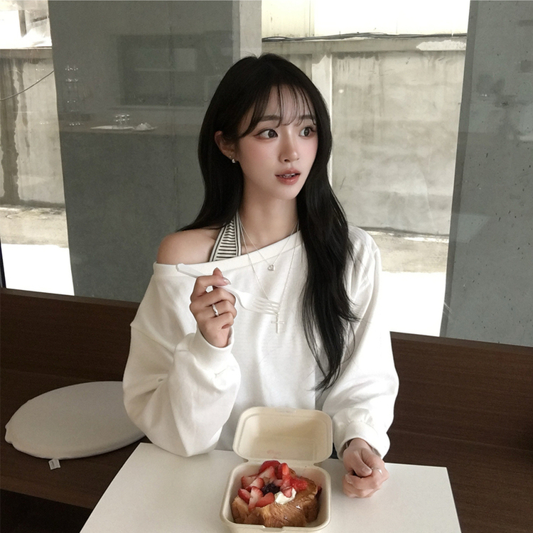 제이미 오프숄더 홀터 나시 맨투맨 세트 스트라이프 홀터넥 나시 긴팔티 오버핏 봄 레이어드 보트넥 상의 3color 화이트