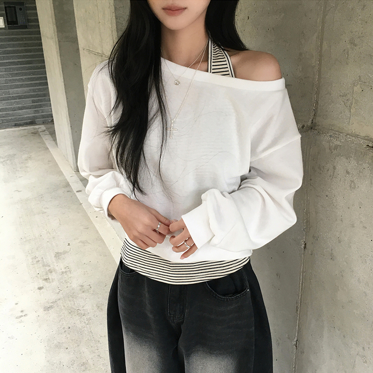 제이미 오프숄더 홀터 나시 맨투맨 세트 스트라이프 홀터넥 나시 긴팔티 오버핏 봄 레이어드 보트넥 상의 3color 화이트