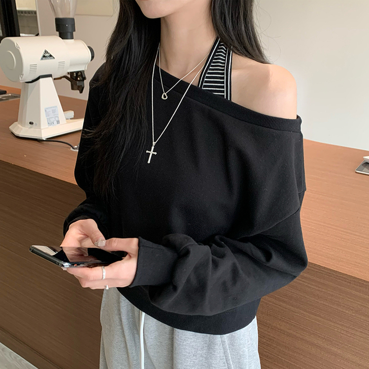 제이미 오프숄더 홀터 나시 맨투맨 세트 스트라이프 홀터넥 나시 긴팔티 오버핏 봄 레이어드 보트넥 상의 3color 블랙