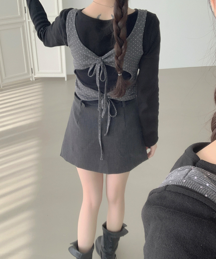 ドットリボンレイヤードキャミソール CHARCOAL