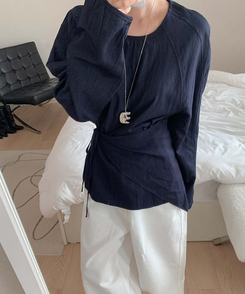 【SET】レイヤードパフブラウス＋ラップスカート NAVY