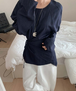 【SET】レイヤードパフブラウス＋ラップスカート NAVY