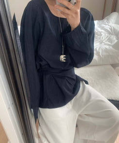 【SET】レイヤードパフブラウス＋ラップスカート NAVY