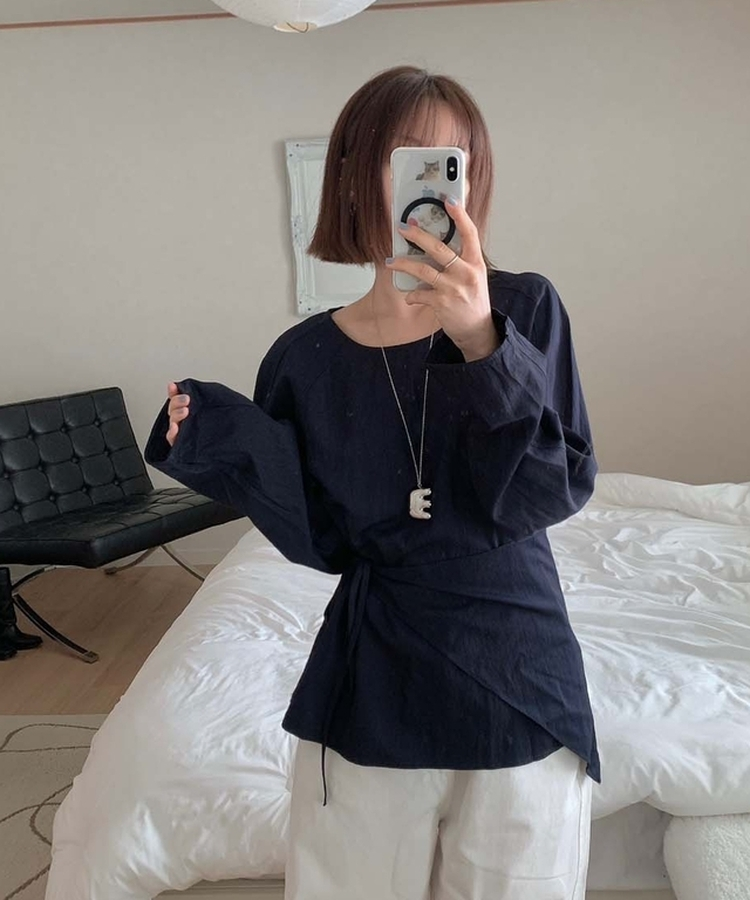 【SET】レイヤードパフブラウス＋ラップスカート NAVY