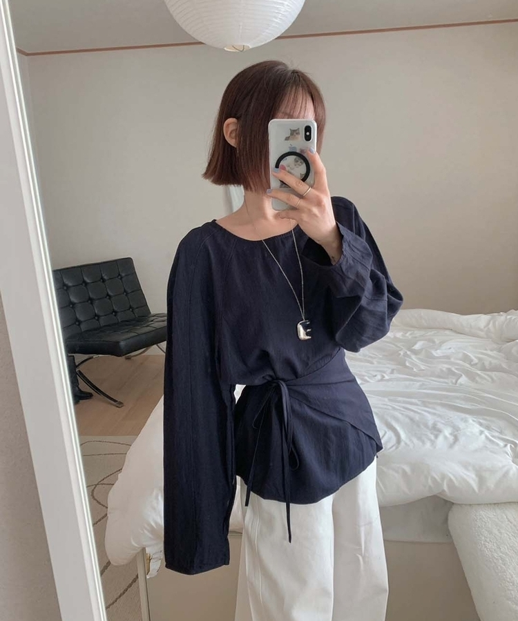 【SET】レイヤードパフブラウス＋ラップスカート NAVY