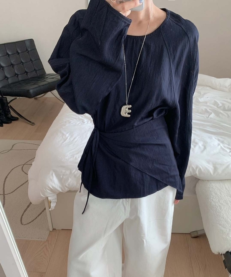 【SET】レイヤードパフブラウス＋ラップスカート NAVY