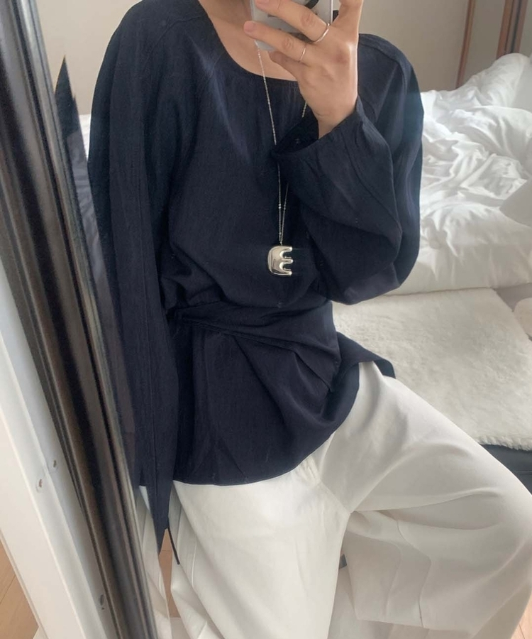 【SET】レイヤードパフブラウス＋ラップスカート NAVY