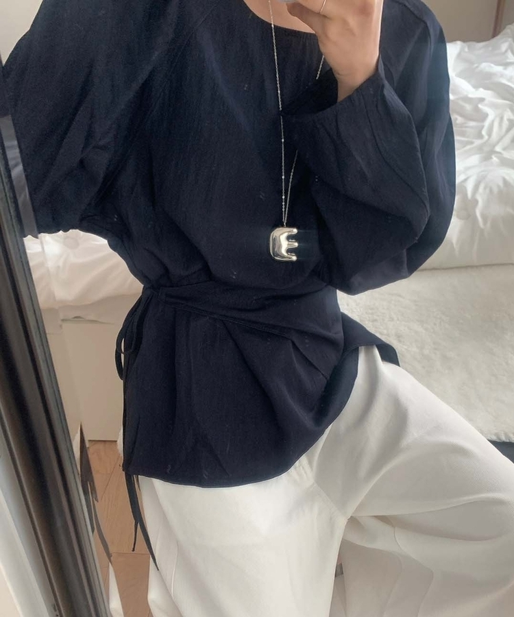 【SET】レイヤードパフブラウス＋ラップスカート NAVY