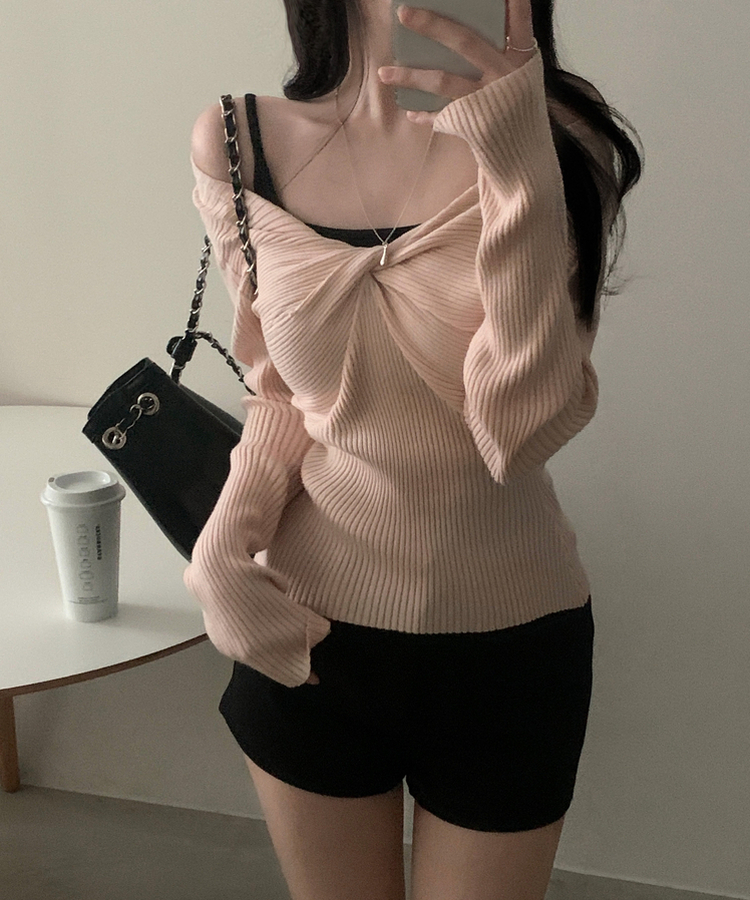 ツイストリボンVネックニット PINK