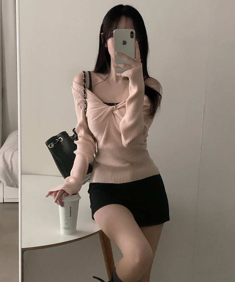 ツイストリボンVネックニット PINK