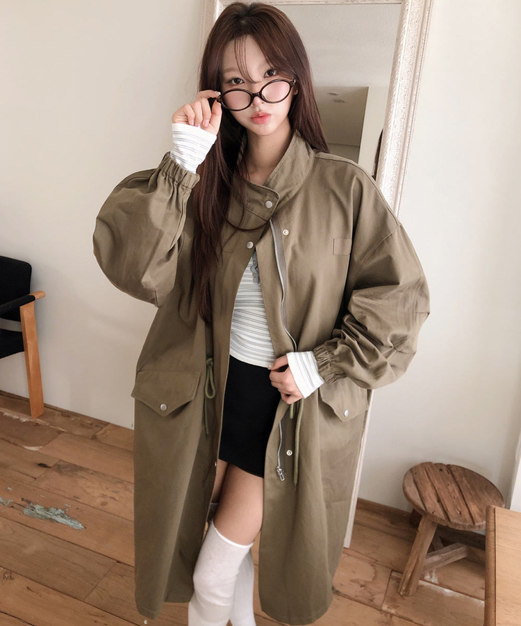 オーバーポケットストリングロングジャケット KHAKI