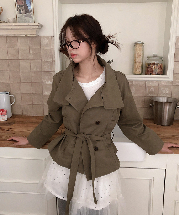 ハイネックベルトコットンショートジャケット KHAKI