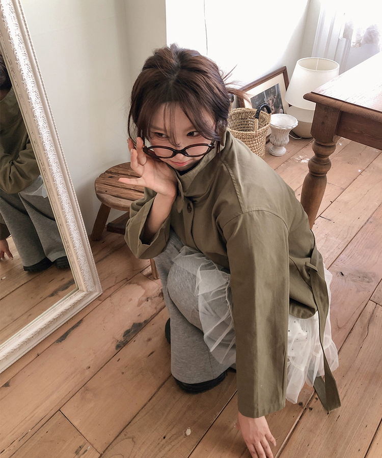 ハイネックベルトコットンショートジャケット KHAKI