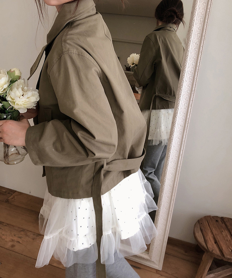 ハイネックベルトコットンショートジャケット KHAKI