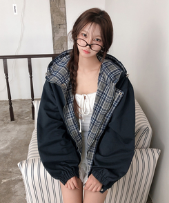 チェックバイカラーフードストリングジャケット NAVY